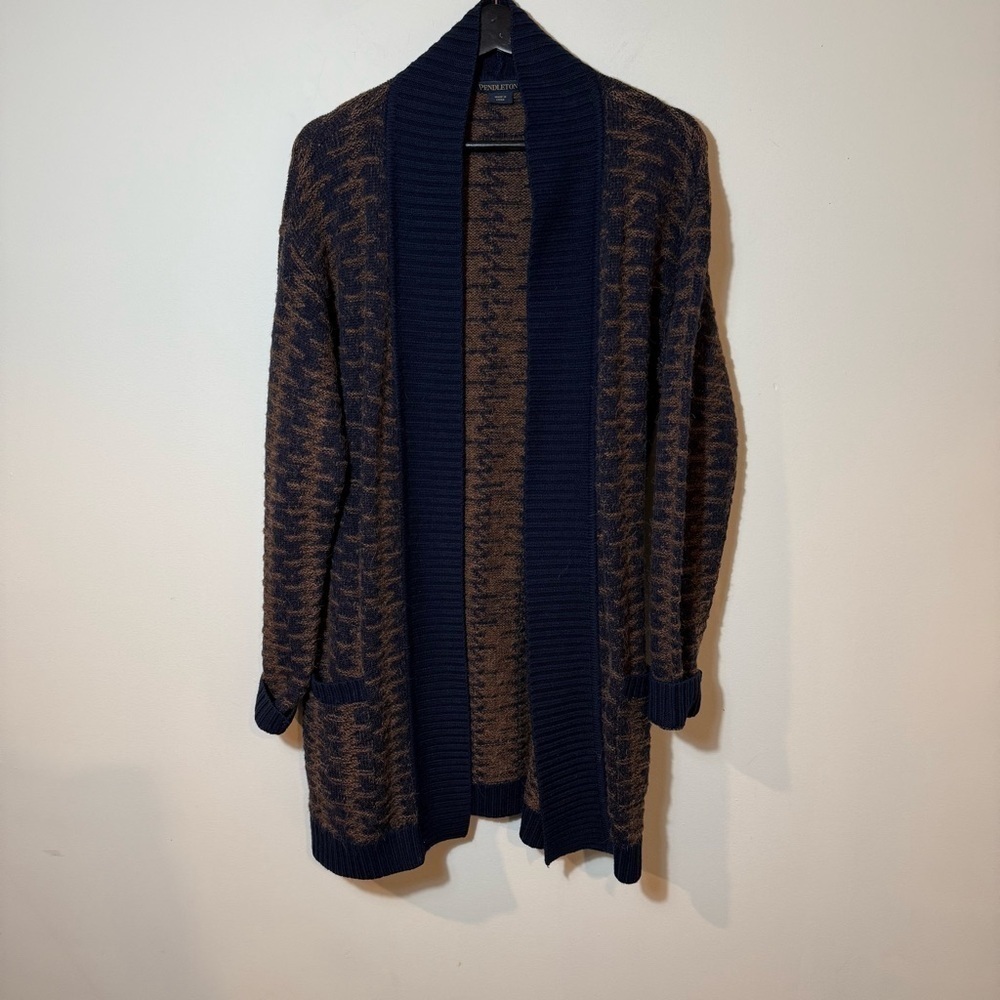 Pendleton Wool Alpaca Cardigan Sweater Open Front Brown Blue Pockets Petite M